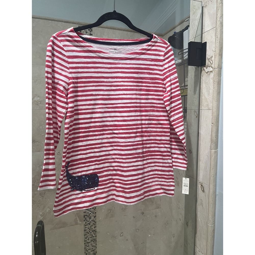 New Nwt Talbots Coral Red and White Striped Sequin Whale Cotton Blouse Small
